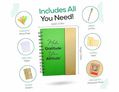 Gratitude Attitude Journal with Meditation Music, Pen, Pad, Sticky Notes, Color Tabs. A self care gift to encourage positive thoughts and mental wellness. (Green, Unisex) - color: Green