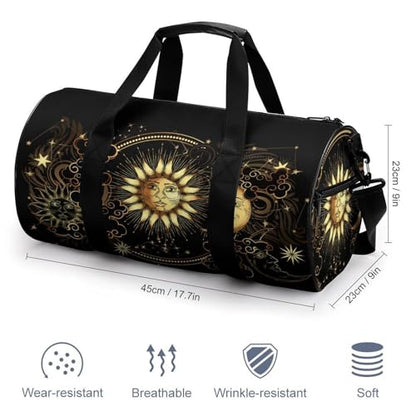 Sun Crescent Moon Stars Astrology Tarot Cards Cylindrical Portable Fitness Bag, Large Capacity Handbag - color: Sun Crescent moon stars astrology tarot cards