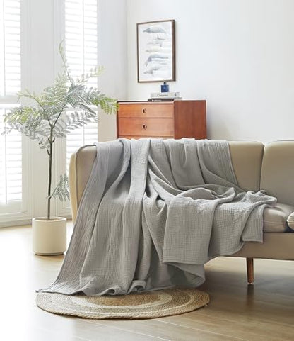 100% Cotton Muslin Throw XL Blanket (50" x 70") – A Luxuriously Soft, 4-Layer Lightweight and Breathable Gauze Blanket, Perfect for Year-Round use on beds, couches (Grey, Throw XL) - color: Grey, size: Throw XL