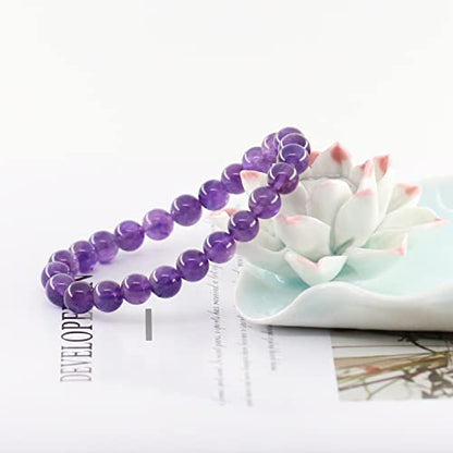 Natural Gemstones Bracelet 8mm Chakra Round Beads Energy Power Crystal Reiki Healing Elastic Stretch 7 Inch for Women Men Unisex - color: Amethyst