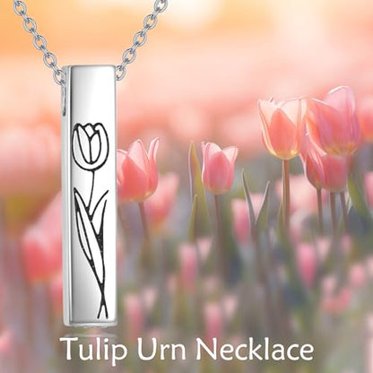 Cremation Urn Necklaces for Ashes Sterling Silver 3D Vertical Bar Memorial Pendant for Loved Ones Keepsake Cremation Jewelry Gifts for Women Men - style: Tulip