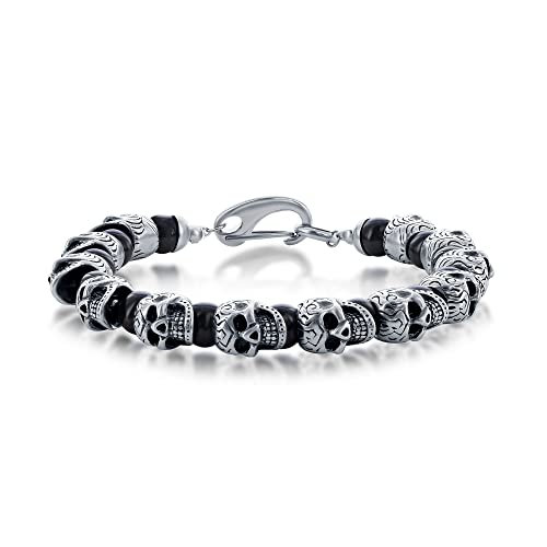 Black and Blue/Black and Gold/Black and Rose Gold Plated Stainless Steel 8.5’’ Men’s Link Solid Bracelet - style: Genuine Onyx - Skull
