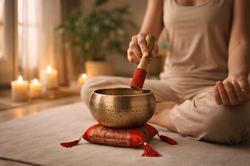 Tibetan Singing Bowl Set with Cushion & Mallet – Handmade Meditation Sound Bowl for Yoga, Healing, Mindfulness & Chakra Balancing (Brass, 5 Inch)