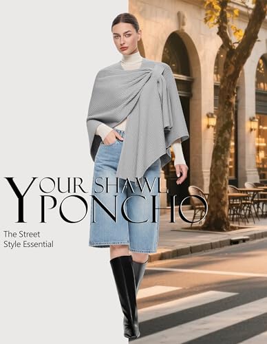 PULI Womens Elegant Cross Front Shawl Wraps Knitted Ponchos Cape Light Weight Poncho Sweater Soft Warm Travel Wraps - color: Rib-light Heather Grey