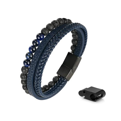 Leather Bead Bracelets for Men, Natural Tiger Eye Lava Rock Stone Bead Magnetic Clasp Adjustable Leather Bracelets Stress Relief Mens Anxiety Bracelet Mens Jewelry Gifts - style: Blue Leather-Lava Rock&Blue Tiger Eye