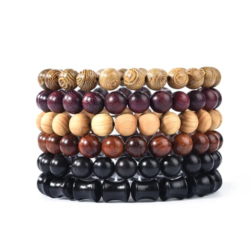 Wooden Beaded Bracelet Multi-Layered Stretch Bracelet for Men and Women Elastic Bracelet 6pcs - color: A-03