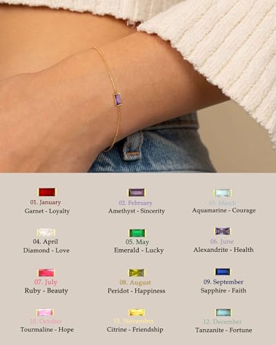 FUNEIA Birthstone Gold Bracelets for Women Non Tarnish Trendy Dainty 14K Gold Plated Bracelet Stack Stackable Blue Green May Emerald Friendship Bracelets Jewelry Gifts for Mom Best Friend - color: 02. February(Amethyst)