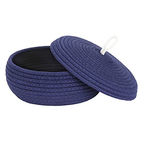 Sea Team Round Cotton Rope Storage Basket with Lid, Decorative Woven Storage Bin, Pot, Caddy, Organizer, Container for Snacks, Towels, Plants, 10 x 4.5 Inches (Small, Shallow, Dark Blue) - color: Dark Blue, size: Small/Shallow