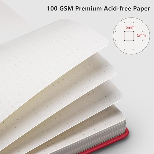 RETTACY Dotted Journal Notebook, 192 Pages, A5 Medium Size (5.7'' x 8.3''), Leather Hardcover, 100 GSM Thick Paper, for Journaling, Planning, Tracking (Red) - color: Red, style: Dotted