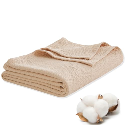 Premium 100% Cotton Blanket – All-Season Soft Breathable Bed Blanket for Throw Size – Lightweight Stylish Textured Throw for Bed– Giftable Cozy Bedding - color: Beige, size: Throw (50"x60")