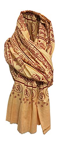 Cotton Bohemian Beige & Red Sanskrit Text Block Print Meditation Long Large Scarf Shawl Wrap JK449