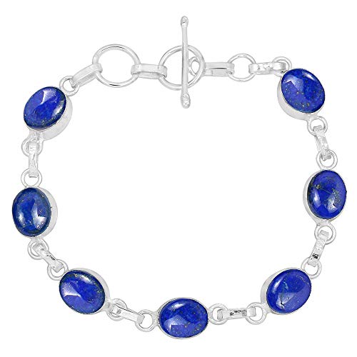 Oval Shape Natural Gemstones Statement Bracelet for Women - 925 Silver Plated Handmade Birthstone Bohemian Vintage Style Women's Jewelry Gifts for Wedding Anniversary Christmas Valentine's Day - color: Lapis Lazuli