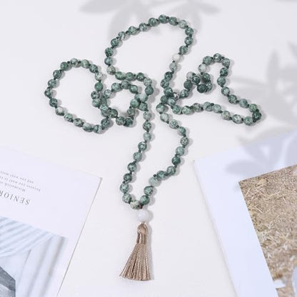 8MM Beads Chakra Long Mala Necklace Natural Stone Meditation Statement Necklace Japa Yoga Buddhist Rosary Prayer Charm Beaded Tassel Necklace - color: Green-spotted stone