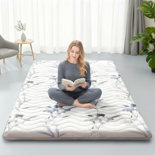 SCHNAUZER HOME Japanese Floor Mattress, 3.5" Thicken Ink Wash Floral Pattern Portable Futon Mattress, 100% High-Density Foam Tatami Mat Sleeping Pad for Camping Guest Room Dormitory RV, White, Twin - color: Ink Wash White, size: Twin( 80 x 39 )
