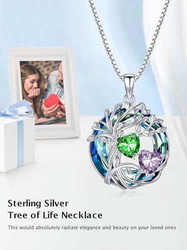 TOUPOP s925 Sterling Silver Family Celtic Tree of Life Pendant Necklaces with 2 Heart Birthstone with Blue Austrian Crystal Jewelry Birthday Valentines Day Gifts for Her, Anniversary Christmas Gifts for Wife Girlfriend Mom (18K Real White Gold Filled) - c