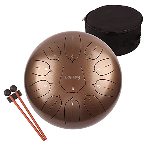 Steel Tongue Drum 12 Inch 11 Notes for Adults - Ethereal Metal Instrument for Meditation & Yoga with Music Book, Mallets & Carry Bag (Brown) - color: Brown