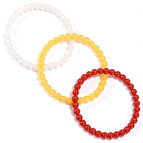3PCS Agate Bracelet for Women Men Natural Round Beaded Agates Stone Healing Stretch Bracelets Elastic Handmade Polished Gemstone Beads Bracelet - color: White+Yellow+Red