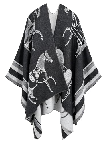 Women's Elegant Shawl Wraps, Soft Open Front Poncho Cape, Reversible Casual Cardigan Shawls for Gift Travel - color: Black-grey-white