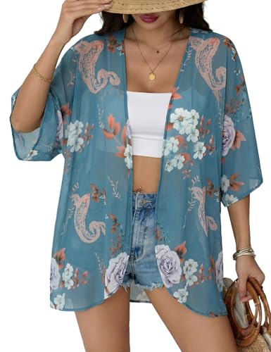 Chunoy Women Floral Beach Wear Cover Up Chiffon Kimono Cardigan Open Front Blouse Top - color: Blue 9107, size: Small