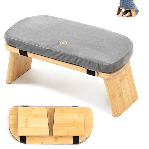 Meditation Bench, Bamboo Meditation Stool, Folding Kneeling Meditation Bench, Seiza Prayer Bench, Prayer Bench with Meditation Cushion, Kneeling Stool (Grey)