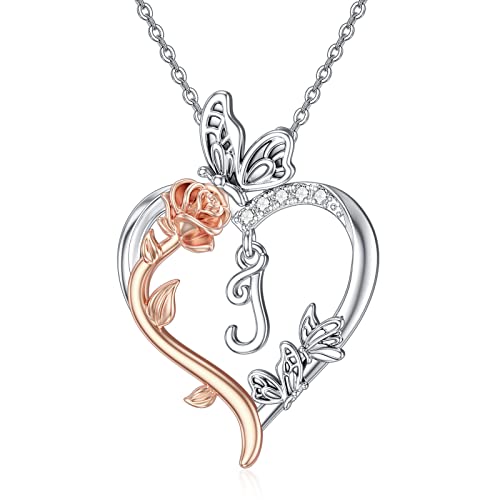 TOUPOP Gifts for Women Her 925 Sterling Silver Rose Heart Initial Necklace Butterfly Heart Jewelry Anniversary Birthday Gifts for Wife Girlfriend Mom - color: J Initial