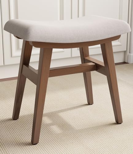 AnywaysWood Wooden Vanity Stool, Makeup Small Bench Seat Solid Wood with Upholstery Saddle Seat Stools Concave Ergonomic Chair Easy to Install for Bedroom Wooden Vanity Chair, Wooden Stool 16" Wide