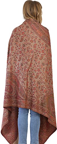 Exotic India Reversible Jamawar Shawl with Woven Paisleys - Wool - color: Light Taupe