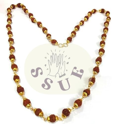 SSUE Nature 5 Mukhi Rudraksha 6mm 45 Beads Mala with Golden Cup Fancy Holy Jewellery Symbol of Spirituality Religion Reiki for Peace, Balance,Meditation Every Wear Unisex Accessory Gift