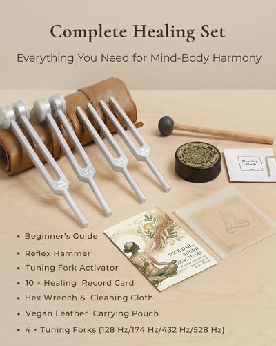 Tuning Forks for Healing Set - 128 Hz, 174 Hz, 432 Hz, 528 Hz Weighted & Unweighted Resonance Tuning Fork Kit - Chakra Sound Therapy Instruments for Meditation & Yoga in Pouch