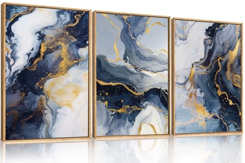 Navy Blue and Gold Framed Canvas Wall Art Set,Mid-Century Modern Abstract Wall Decor,Navy Blue Ink Wash Painting,Neutral Art Print for Living Room,Bedroom,Dining Room,Office-16 x24 x3 - color: Blue and Gold Wall Art, size: 16"L x 24"W