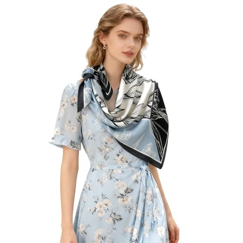35" Head Scarf Large Square Scarf Like Cotton Hairscarf Fashion Scarves Bandana Night Sleeping Wraps for Women B01 - color: Black/Blue Tulips