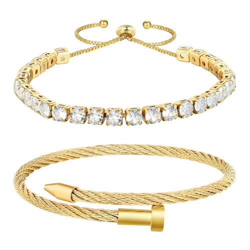 2PCS 18K Gold Plated Nail Bangle & Chain Bracelet Set for Women, Adjustable Stackable Bangle Jewelry, Dainty Gold Bracelet Gift for Women - color: Set A-tennis