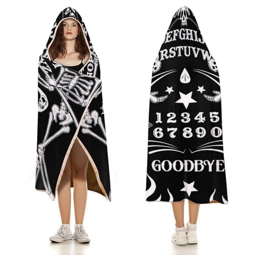 Skull Skeleton Witch Board Tarot Black Art Large Size Comfortable Hooded Blanket, Warm Blanket 50"x60" - color: Skull Skeleton Witch Board Tarot Black Art, size: 50"x60"