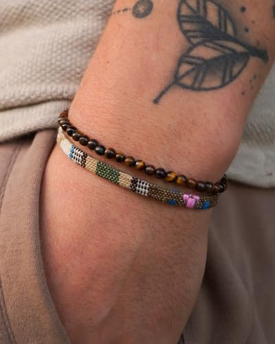 Made by Nami 2 Pcs Boho Surfer Bracelets for Men and Women Waterproof and Adjustable Beach Bracelets for Men and Women Set of 2 Beaded & Braided - color: Tiger-Eyes & Safari