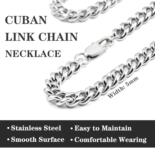 Chain for Men Stainless Steel Cuban Link Chain Necklace Silver Toned Mens Necklaces 18, 20, 22, 24, 26 Inch - size: 18 Inches, style: 5mm width-stainless steel
