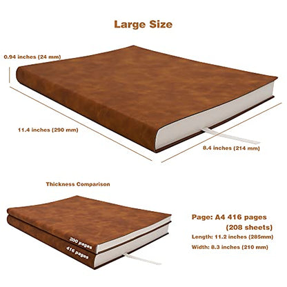 Large Thick Journal Notebook, Lined Papers, A4 8.4x11.4 inches, 416 Pages, Soft Faux Leather Cover (Brown, Ruled) - color: Brown, Ruled, 416Pages
