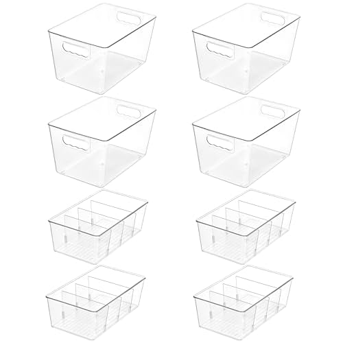 Vtopmart 4+4 Pack Clear Plastic Storage Bins Set, 4 Large Pantry Organizer Bins with Handle and 4 Medium 4-Compartment Food Storage Bins for Pantry, Kitchen, Fridge, Cabinet Organization - style: 4 Larger+4 Medium