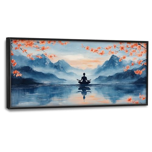 Zen Large Wall Art Buddha Lake Pictures Wall Decor Cherry Blossom Canvas Landscape Meditation Print Painting Modern Artwork Home Decoration for Yoga Spa Living Room Bathroom Bedroom Office Framed 60"x30" - color: Zen Lake, size: 60"L x 30"W