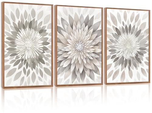 CHDITB Modern Floral Burst Framed Canvas Wall Art Set, Nature Flower Petal Wall Decor, Neutral Beige and Gray Botanical Painting, Contemporary Art Prints for Living Room Bedroom Office-16 x24 x3 - color: Floral, size: 16"L x 24"W