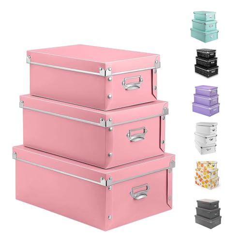XUCHUN File Storage Boxes, Foldable Storage Bins with Lid 3 in 1 Set, Press-Stud Fastening, Moisture-Proof, Space Saving Storage, Photoes, Files, Closets - color: Pink