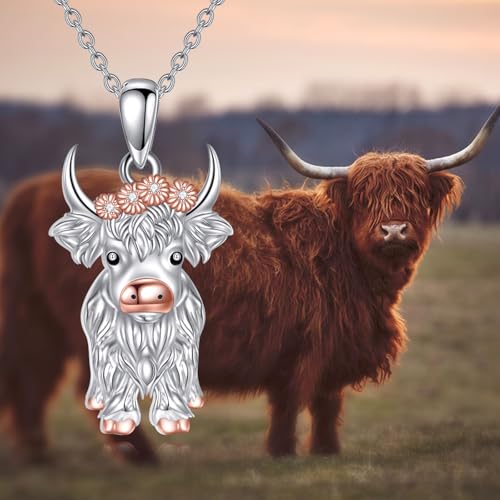 Animal Necklace 925 Sterling Silver Pendant Jewelry Gift for Women Animal Lover - style: Highland cow