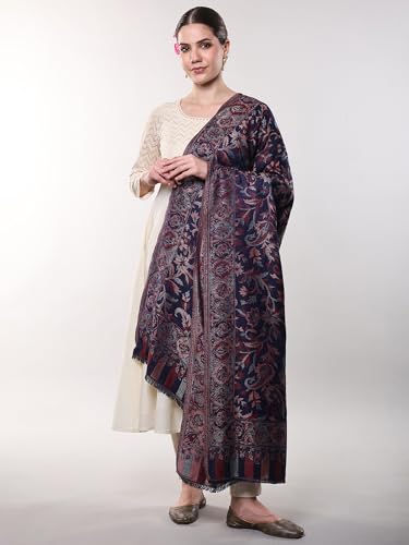 Exotic India Women Reversible Jamawar Wool Shawl with Woven Flowers | Ethnic Beautiful Floral Weave Stole, Dupatta - color: Parisian Night