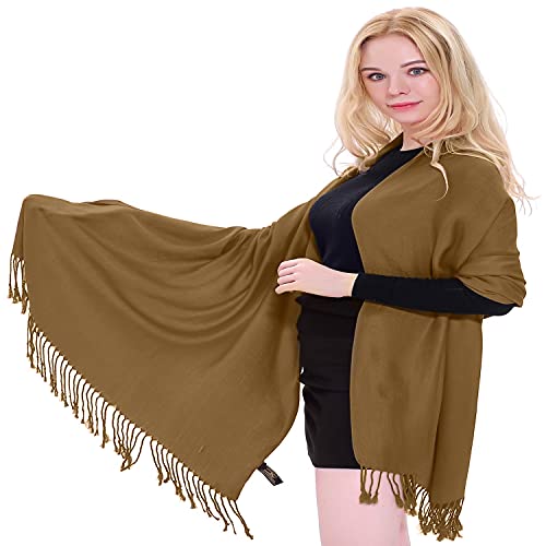 CJ Apparel Solid Color Tassels Design Nepalese Shawl Scarf Wrap Stole Throw Head Wrap Pashmina Gift Hand Made in Nepal New - color: Mode Beige Mix