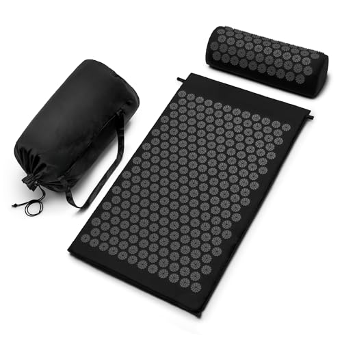 Sivan Health and Fitness Acupressure Mat and Pillow Set - Grounding Mat for Stress, Back & Neck Pain - Acupuncture Point Massage Mat for Muscle Relaxation, Sciatica, & Meditation - Includes Carry Bag - color: Black/Black, size: Large