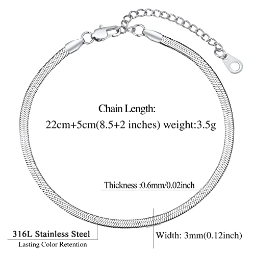 FindChic Elegant Herringbone Snake Chain Anklets/Bracelets 3MM/5MM Width Stainless Steel/18K Gold/Rose Gold Plated/Black 4 Color Options, 8.3'' 8.5'' 10.5'' Length, with Gift Box - color: A: 3mm 8.5'' anklet (Stainless Steel)