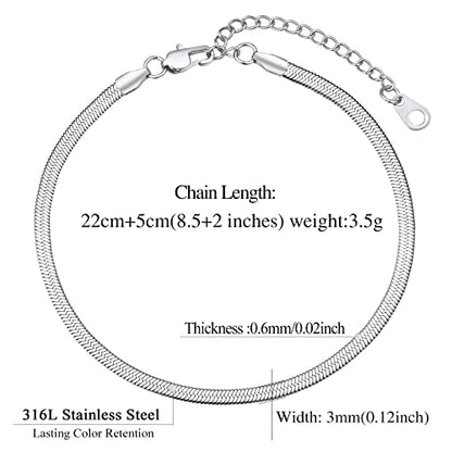 FindChic Elegant Herringbone Snake Chain Anklets/Bracelets 3MM/5MM Width Stainless Steel/18K Gold/Rose Gold Plated/Black 4 Color Options, 8.3'' 8.5'' 10.5'' Length, with Gift Box - color: A: 3mm 8.5'' anklet (Stainless Steel)