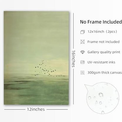 Japanese Sage Green Wall Art 2Pcs Minimalist Moon and Bird Canvas Posters Prints for Living Room Bedroom Office Zen Home Decoration 12X16in Unframed