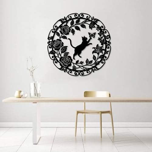 GlintHome Large Metal Cat Wall Art Decor Butterflies and Cats Black Wall Hanging Decor Silhouette for Home Bedroom Living Room Bathroom Kitchen Office Garden Wall Decoration - color: Black-2, size: Large
