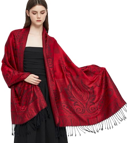 Pashmina Shawl Wrap with Ethnic Paisley Two Tone Jacquard Scarf for Women - color: Paisley-black Red