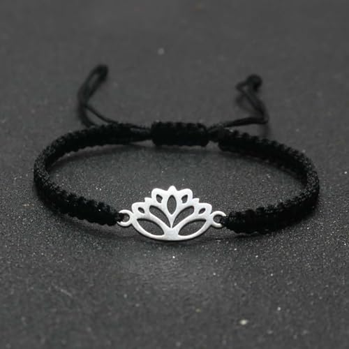 Lotus Symbol Bracelet for Women - Adjustable Cord, Silver Pendant, Spiritual Jewelry Gift - style: Onyx Black
